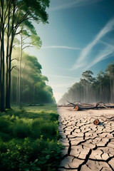 Wide landscape of forest before logging, with green trees and wildlife, then transition to the same place after logging, with empty areas and fallen trunks.