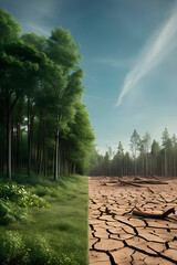Wide landscape of forest before logging, with green trees and wildlife, then transition to the same place after logging, with empty areas and fallen trunks.