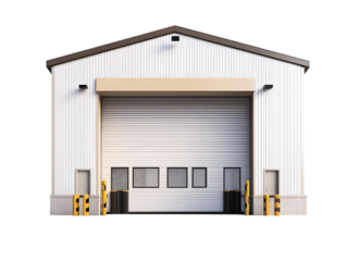 A modern warehouse structure with a large loading dock and prominent door, designed for efficiency in storage and distribution.