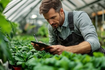 Gardening expert monitors plant growth in a greenhouse nature close-up indoor focused sustainability