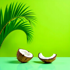 Green background with glossy table surface with palm leaf and half of coconut.