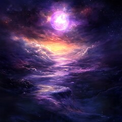 Fototapeta premium Ethereal Dreamscape A Purple Nebula and Celestial Landscape.