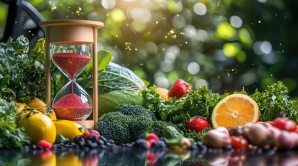 Glowing hourglass with fruits, vegetables, and exercise gear, symbolizing health and longevity.
