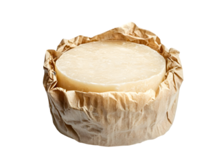 A round wheel of cheese wrapped in brown paper, showcasing its intriguing texture and natural appearance, perfect for culinary projects.