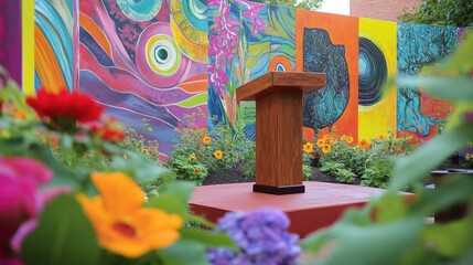 Vibrant Mural Backdrop: A Colorful Garden Setting with Podium