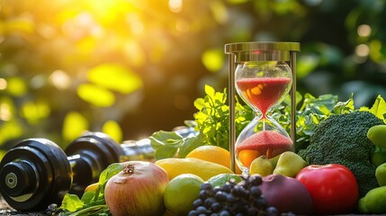 Glowing hourglass with fruits, vegetables, and exercise gear, symbolizing health and longevity.
