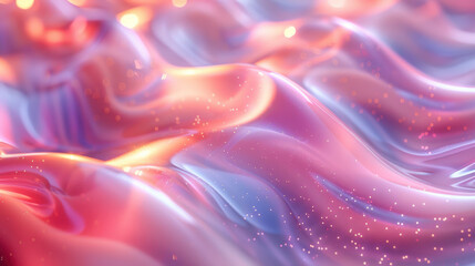 Glossy holographic waves in soft pink and purple tones. Dreamy fluid abstract background with glowing highlights.
