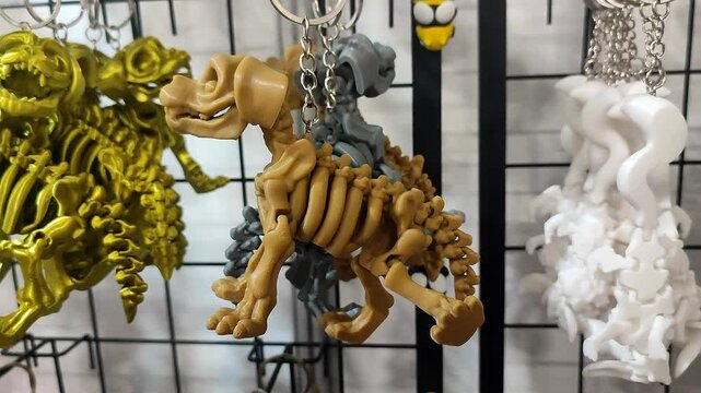 Objects keychains in form of dog skeleton models of toys printed on 3D printer from multi-colored molten plastic hanging on chain. Concept 3D Printing. New modern 3D Printing additive technology