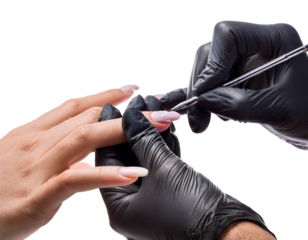 Beautician painting woman's nails in nail salon, isolated on transparent background