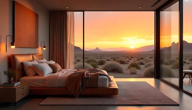 Modern luxury bedroom with a flatform bed, leather headboard and bathed in natural light.