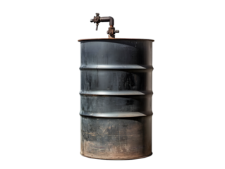 A weathered black oil barrel positioned against a plain background, showcasing its rust and industrial design.