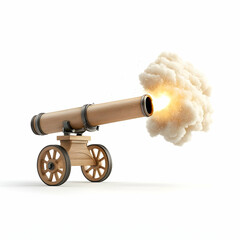 Wooden cannon with smoke and fire on white background
