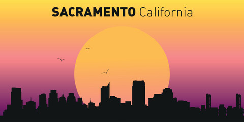 Obraz premium A silhouette of Sacramento, California, against the backdrop of a picturesque sunset or sunrise. 