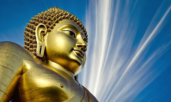An impressive, oversized golden Buddha statue juxtaposed with a swiftly changing blue sky adorned with clouds. This timelapse showcases the splendor of a revered location amidst picturesque landscapes