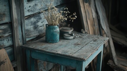 A vintage wooden table with a distressed finish in a rustic home.