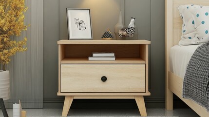 A wooden-look particle board nightstand with a drawer and open shelf.