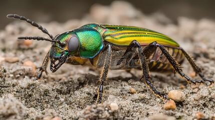 Vibrant Green and Gold Beetle Close up on Ground Detailed Insect Macro Photography