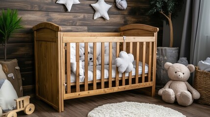 A wooden baby crib with soft bedding in a cozy nursery.