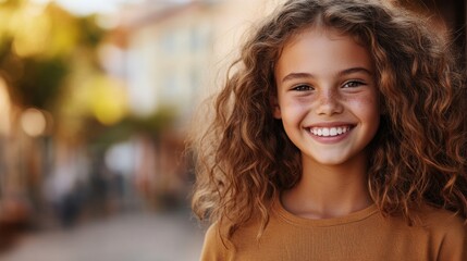 Fototapeta premium Joyful girl smiling in a lively street portrait photography urban environment natural light happiness concept