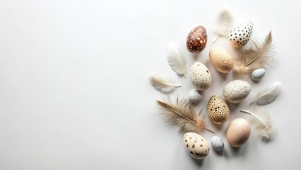 Obraz premium Luxurious Dawn Chorus: Minimalist Flat Lay Bird Eggs & Feathers on White