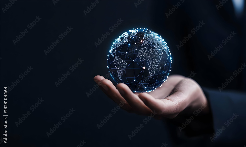 Aufkleber hand holding digital globe with network connections and data points
