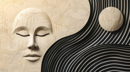 Abstract 3D sculpture of a serene face with wavy textured lines in monochrome
