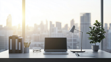 Minimalist office desk with natural light, blurred cityscape outside; simplicity and focus in a modern workspace.