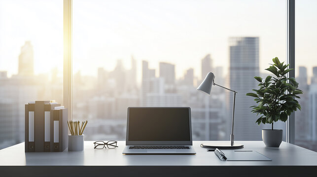 Minimalist office desk with natural light, blurred cityscape outside; simplicity and focus in a modern workspace.