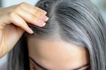 Portrait of a beautiful young woman examining her scalp and hair in front of the mirror, hair roots, color, grey hair, hair loss or dry scalp problem