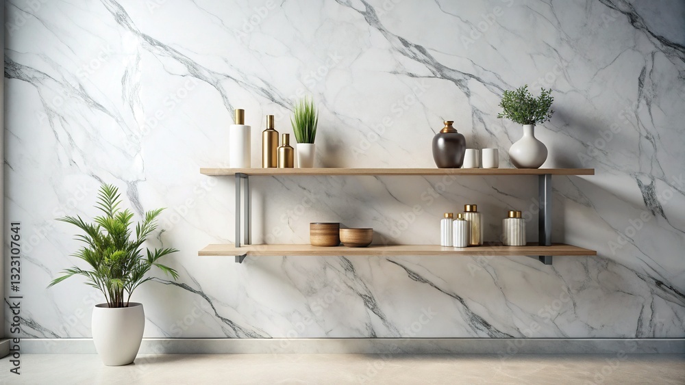 Poster modern futuristic shelf display: clean marble flat lay with copy space