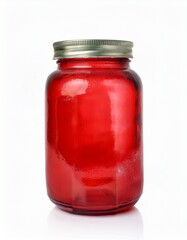 A vibrant red glass jar with a metallic lid stands against a stark white background.  The jar's color is rich and inviting.