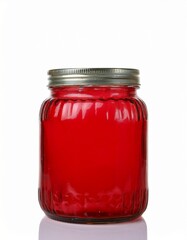 A jar of vibrant red jelly or jam sits on a white background. The glass jar has a ribbed texture and a silver lid.