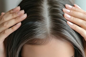 Fototapeta premium Portrait of a beautiful young woman examining her scalp and hair in front of the mirror, hair roots, color, grey hair, hair loss or dry scalp problem