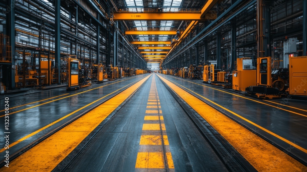 Aufkleber Automated manufacturing area features long aisles lined with machinery and equipment, illuminated by bright overhead lights, highlighting industrial efficiency and workflow.