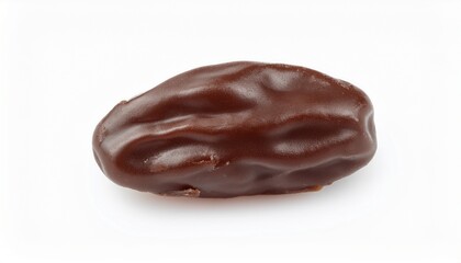 Close-up of a single, dark chocolate-covered date. Rich brown hues and glossy texture.