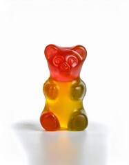 A single gummy bear candy, showcasing its vibrant red, yellow, and green colors against a bright white background.