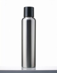 Sleek stainless steel water bottle with a black cap. Perfect for staying hydrated on the go.