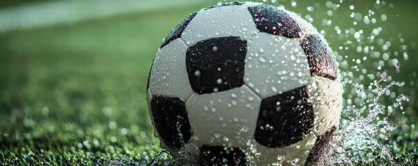 Wet soccer ball sits on green grass surrounded by water droplets