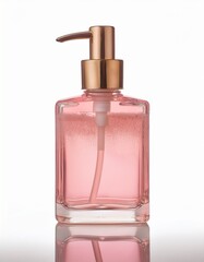 A square bottle of light pink liquid soap with a rose gold pump. Perfect for adding a touch of elegance to any bathroom.