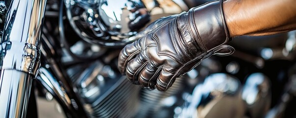 A hand wearing a glove gripping a motorcycle component
