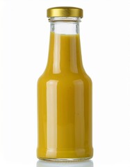 A glass bottle of vibrant yellow mustard sits against a stark white background. The gold cap adds a touch of elegance.