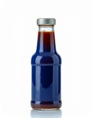 A bottle of dark-colored sauce sits on a white background. The bottle is dark blue and has a silver cap.
