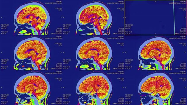 Magnetic resonance images of the head and neck, MRI of the brain, side viev of a patient with multiple vascular infarctions, contrast study, color animation Seamless Loop