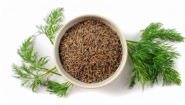 A small bowl of cumin seeds sits surrounded by fresh dill sprigs against a clean white background. The earthy tones of the cumin contrast beautifully with the vibrant green of the dill.