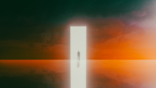 Silhouette of a man entering an interdimensional door at twilight