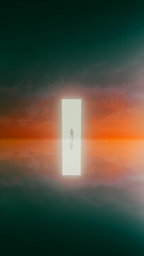 Silhouette of a man entering an interdimensional door at twilight