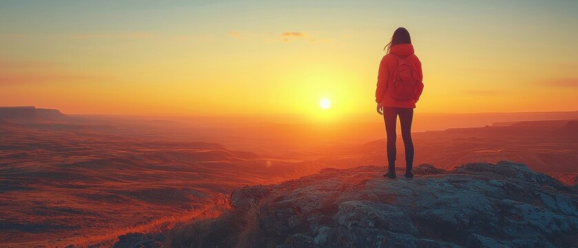 A silhouette of a young woman standing at the edge of a cliff, gazing out at the setting sun, her posture one of contemplation and inner strength. 