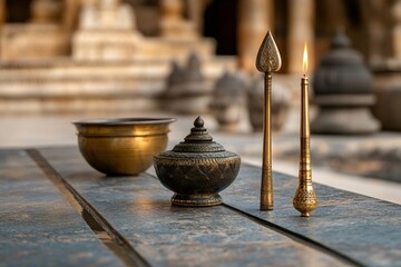 Buddhist ceremonial objects resting on wooden surface with burning candle