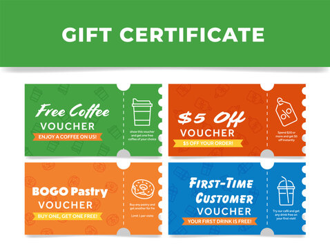 Gift certificate templates for coffee shops offering deals such as free coffee, discounts and special offers for new customers