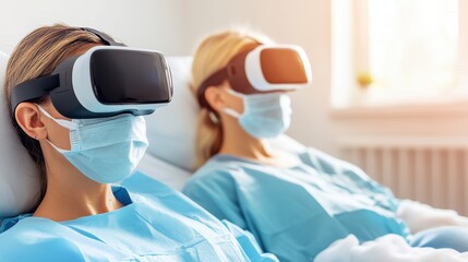 Naklejka premium Two Women in Medical Scrubs Wearing VR Headsets and Face Masks
